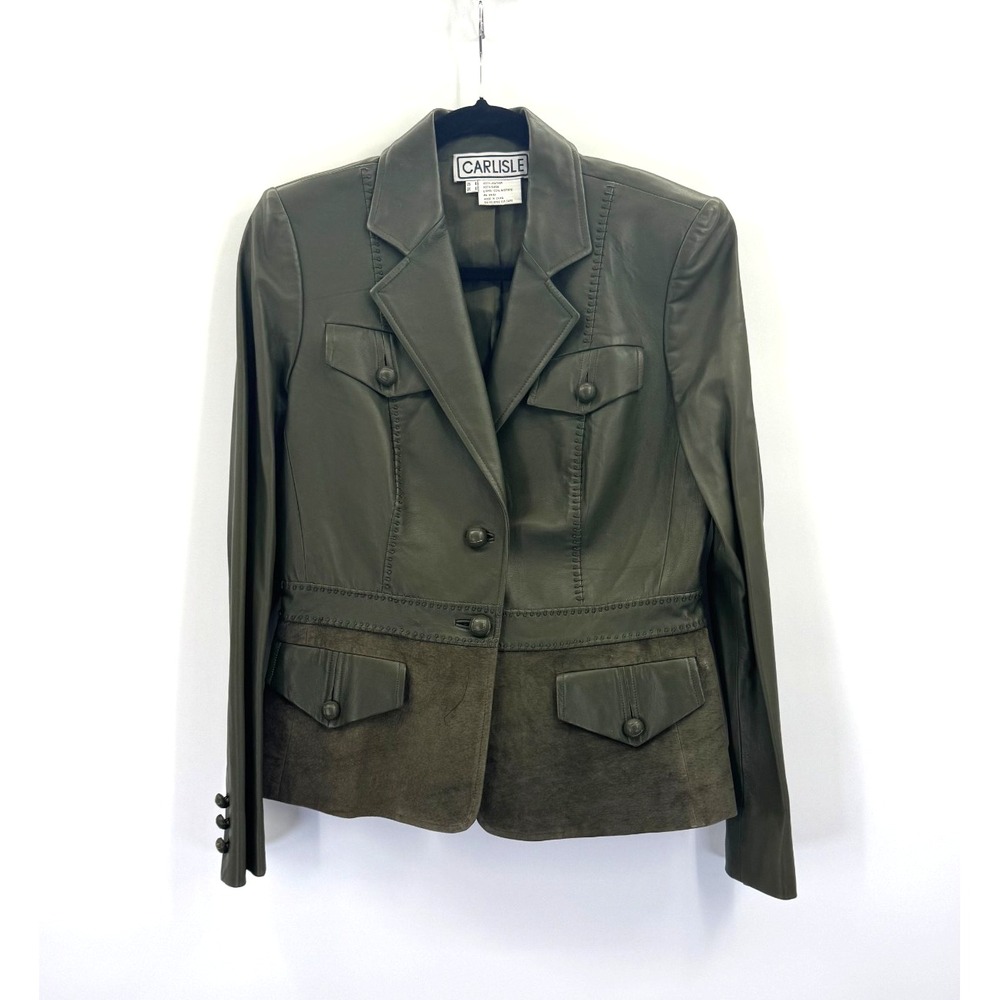 VTG Carlisle Olive Green Leather Suede Paneled Jacket 6 Covered Buttons Classic